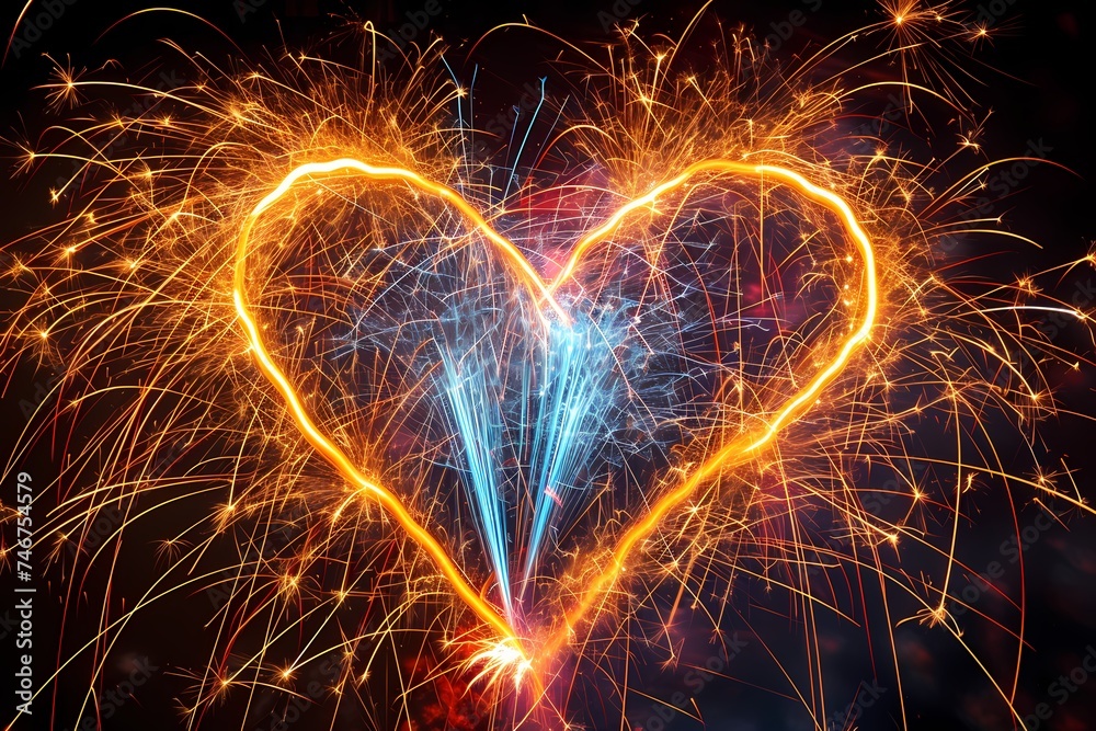 A captivating composition showcasing a heart-shaped fireworks display, with vibrant colors and sparkling trails of light creating a mesmerizing scene of joy and romance.