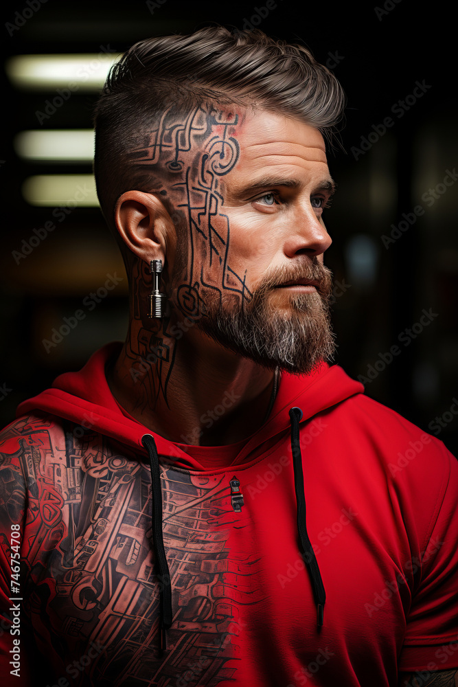 Portrait of a man with geometric tattoo on his head dressed in a red hoodie with a pattern imitating a tattoo. Portrait of a man with geometric tattoo on his head dressed in a red hoodie with a pattern imitating a tattoo.