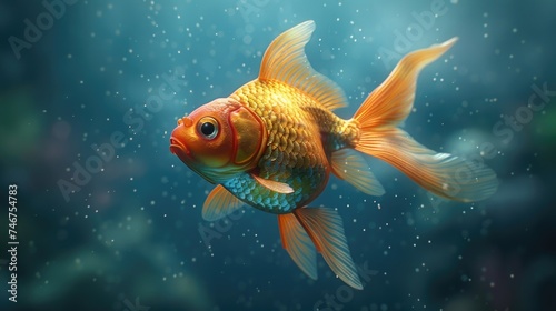 A detailed view of a cute tropical goldfish swimming gracefully in an aquarium, showcasing its vibrant scales and gracefully flowing fins.