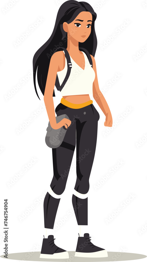 Young Asian woman standing casually gym bag, sporty outfit, long hair, confident posture. Fitness lifestyle urban fashion vector illustration Young Asian woman standing casually gym bag, sporty outfit, long hair, confident posture. Fitness lifestyle urban fashion vector illustration