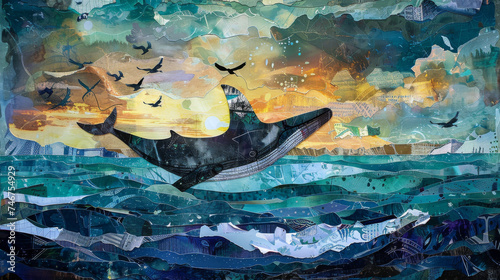 A creative image of a sea with jumping whale