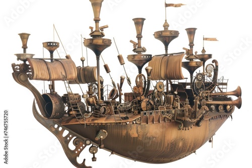 A detailed, steampunk-inspired metal model of a pirate ship is showcased against a white background. Intricate features and craftsmanship bring the ship to life, embodying the essence of maritime