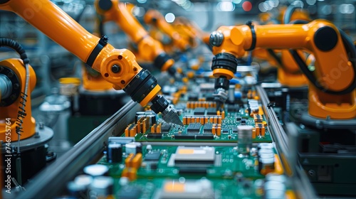 Automated industrial robotic arms precisely assembling electronic circuit boards in a modern manufacturing plant. © soysuwan123
