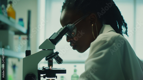 cientista afro-americana usando microscópio em laboratório. conceito de ciência, química, biologia, medicina e pessoas