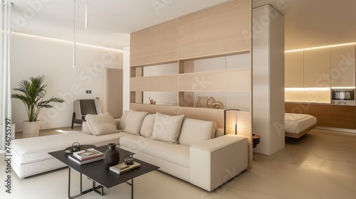 A living room with a room divider, a couch and a coffee table.