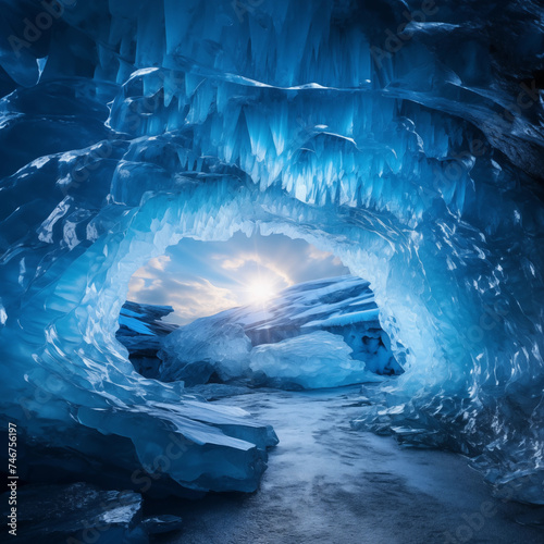 Ethereal Beauty of the Illuminated Ice Cave: A Spectrum of Blues, Ice, and Spikey Silhouettes