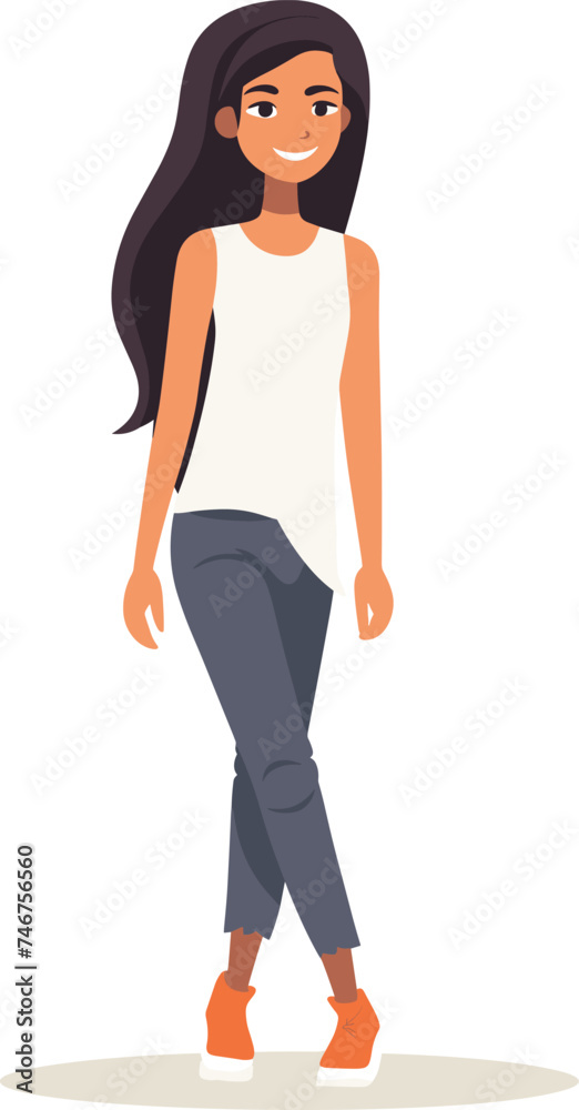 Young female walking casually, long hair, smiling, wearing white top, cropped trousers sneakers. Casual style happy young woman vector illustration Young female walking casually, long hair, smiling, wearing white top, cropped trousers sneakers. Casual style happy young woman vector illustration