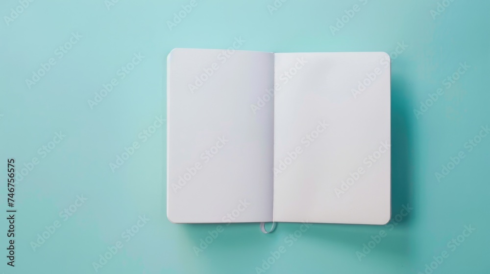 A white blank notebook is open and laying flat on a mint blue background. The notebook appears blank. Mockup with copy-space, place for text, top view, flat lay. A white blank notebook is open and laying flat on a mint blue background. The notebook appears blank. Mockup with copy-space, place for text, top view, flat lay.