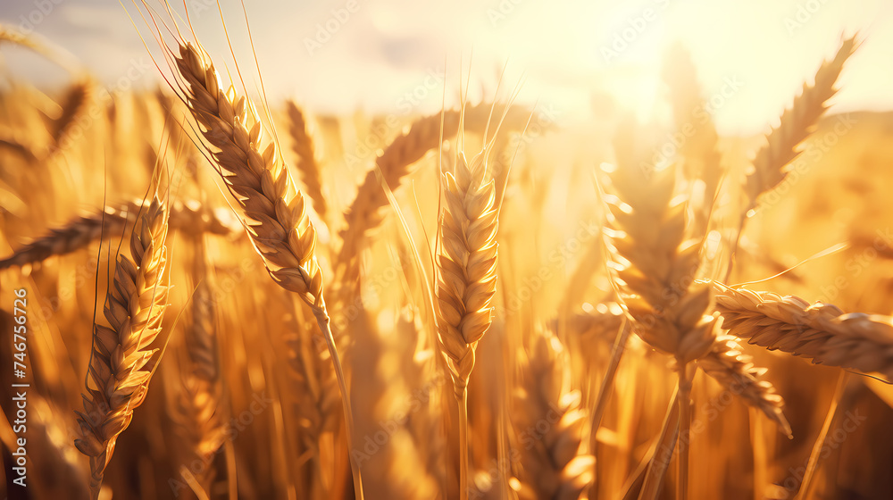 Warm sunshine shines on ripe wheat ears
