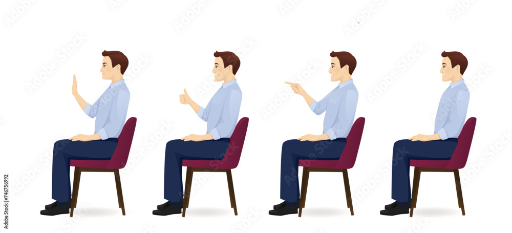 Young business man in blue shirt sitting in the chair side view different gestures set isolated vector illustration