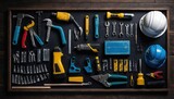 Flat lay of construction blue collar handy tools and white collar's accessories over wooden background empty black chalkboard