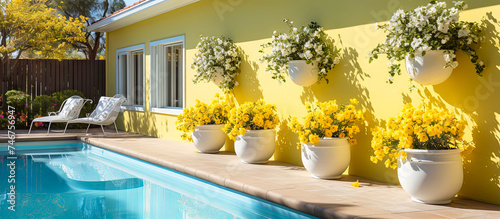 colorful house with a shining pool in the yard. There are flower pots neatly arranged near the pool © Tetiana