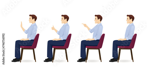 Young business man in blue shirt sitting in the chair side view different gestures set isolated vector illustration