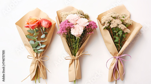 A bouquet of pink roses is elegantly wrapped in brown paper, showcasing the delicate beauty of the flowers against the simple yet charming packaging photo
