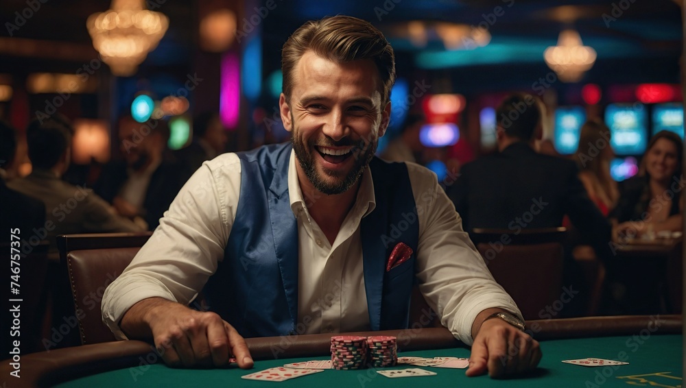A happy man winning poker in casino