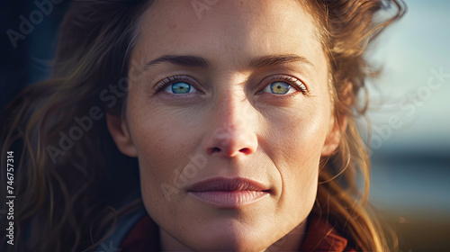 A close-up of a woman standing by a window, gazing outside. She appears contemplative, with a focused expression as she looks into the distance.