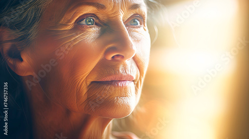 A close-up of a woman standing by a window, gazing outside. She appears contemplative, with a focused expression as she looks into the distance.