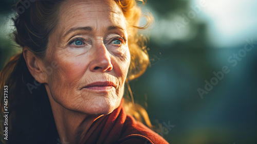 A close-up of a woman standing by a window, gazing outside. She appears contemplative, with a focused expression as she looks into the distance.