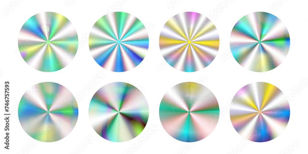 Set of holographic stickers. Circle shapes in y2k style with different gradients. Set of holographic stickers. Circle shapes in y2k style with different gradients.