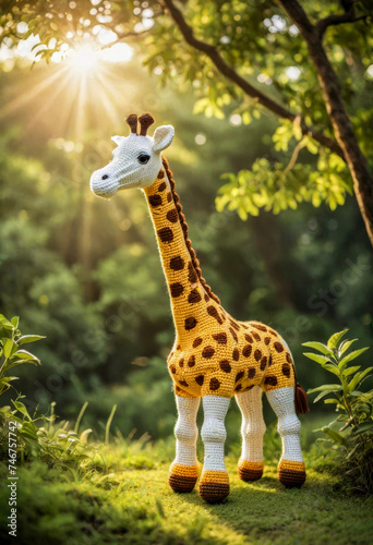 Little cute giraffe handmade toy on beautiful summer landscape background. Amigurumi toy making  knitting  hobby