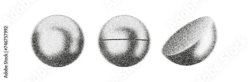 3d gritty geometric shapes with grain gradient effect in y2k style isolated on white background. Noise spheres, torus with grainy dot texture rotate with light and shadow. 3d vector geometric figure.