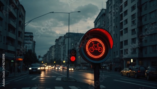 Bicycle stop red warning lamp sign on traffic light road highway driveway drive crossroad intersection evening dark time german city,Bike forward movement prohibited on semaphore signal city street © SHERAZI