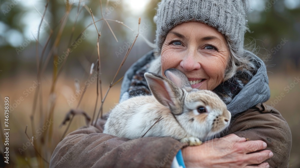 A middle-aged female farmer is gently hugging a cute rabbit in her arms, the bunnys face turned towards her. The woman is smiling warmly as she holds the small animal close to her. A middle-aged female farmer is gently hugging a cute rabbit in her arms, the bunnys face turned towards her. The woman is smiling warmly as she holds the small animal close to her.