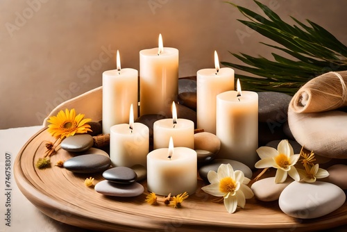 candles and stones  Step into a world of relaxation and rejuvenation with a burning candle set against a tranquil beige background  accompanied by smooth stones and delicate dry flowers