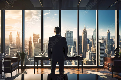 Man Standing in Front of Window, Looking Out at City photo