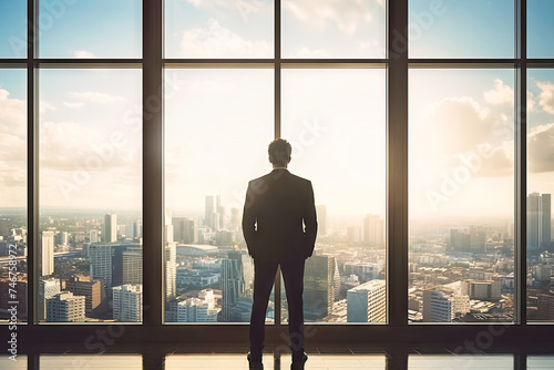 Man Standing in Front of Window, Looking Out at City