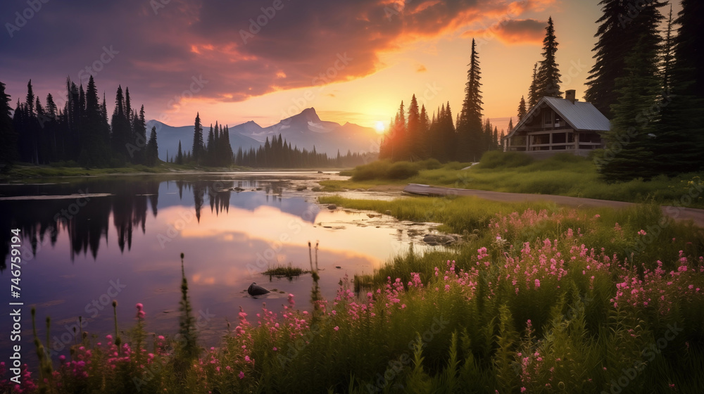 Golden Hour Serenity: An Idyllic Wilderness Landscape Juxtaposed with the Tranquility of Twilight