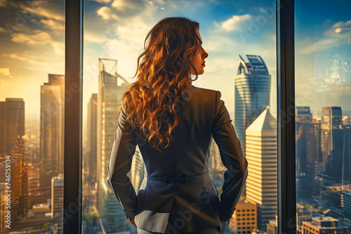 Woman Standing in Front of Window, Looking Out at City photo