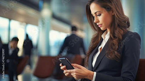 Woman in Business Suit Looking at Cell Phone