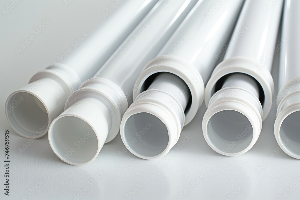 Fototapeta premium White plastic plumbing pipes and fittings for sanitary sewer systems, arranged neatly