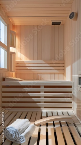 A wooden sauna with towels on the floor. © tilialucida