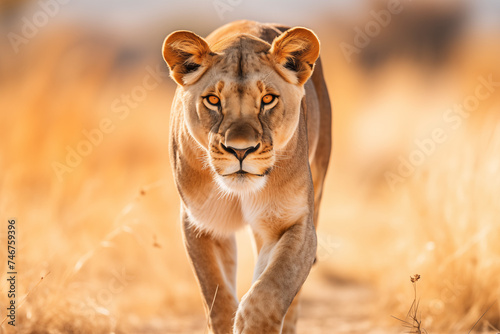 Majestic lioness walking across the golden savannah © Anikeith