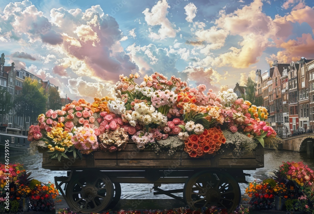 a picture of flowers in a flower market in amsterdam Generative AI
