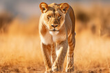 Majestic lioness walking across the golden savannah