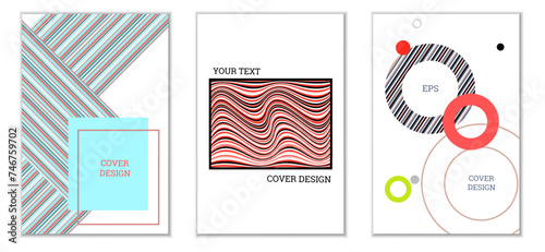 Geometric cover design, set of 3 covers. Abstract unusual background in Memphis style. Bright geometric shapes in random order