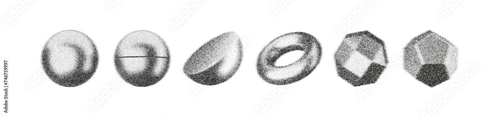 3d gritty geometric shapes with grain gradient effect in y2k style isolated on white background. Noise spheres, torus with grainy dot texture rotate with light and shadow. 3d vector geometric figure 3d gritty geometric shapes with grain gradient effect in y2k style isolated on white background. Noise spheres, torus with grainy dot texture rotate with light and shadow. 3d vector geometric figure