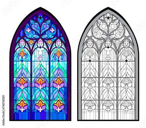 Colorful and black and white illustration of Gothic stained glass window. Coloring book for children and adults. Medieval architectural style in Western Europe. Worksheet for drawing and meditation.