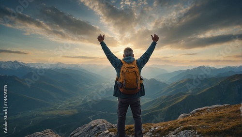 Positive man celebrating on mountain top, with arms raised up