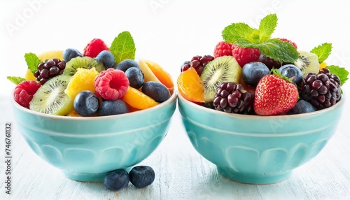 bundle of two fruit salad bowls with mixed berries and fruits isolated on white background
