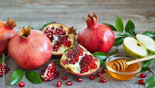 frame of pomegranate pomegranate seeds and apples with honey for the rosh hashanah