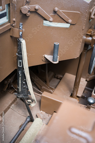 Interior of the Universal Carrier or Bren Carrier. armored personnel carrier, used by the British and Commonwealth armies during World War II. There is a Sten submachine gun photo