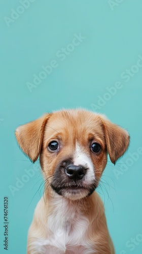 Happy pet dog holding and solid color background. AI generated illustration