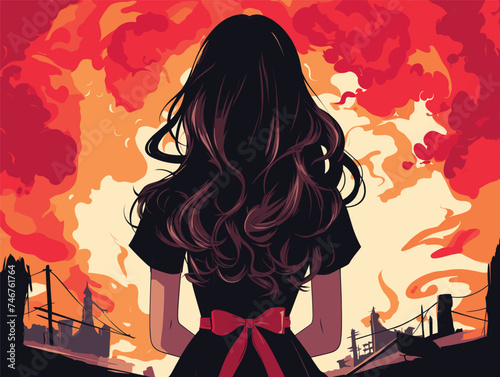 Backview girl watching sunset over industrial cityscape. Red bow girls long hair, silhouette buildings smoky sky. Contemplation environmental issues vector illustration