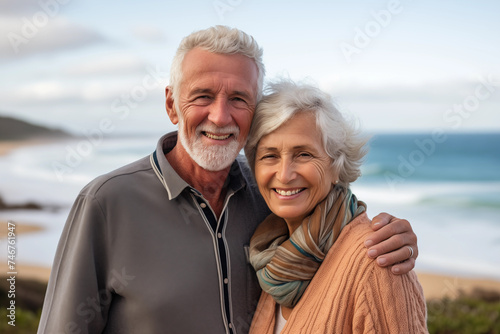 close up and portrait of two happy and active seniors or pensioners having fun and enjoying looking at the sunset smiling with the sea - old people outdoors enjoying vacations together © Darya