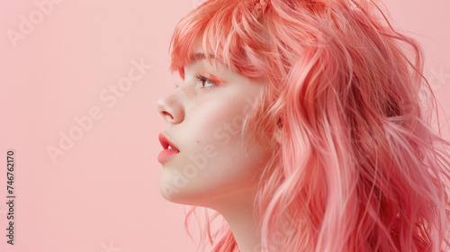Profile of girl with pink hair on pastel background.