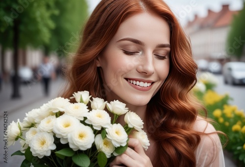 A portrait of a smiling red-haired woman with closed eyes and holding a bouquet of flowers 